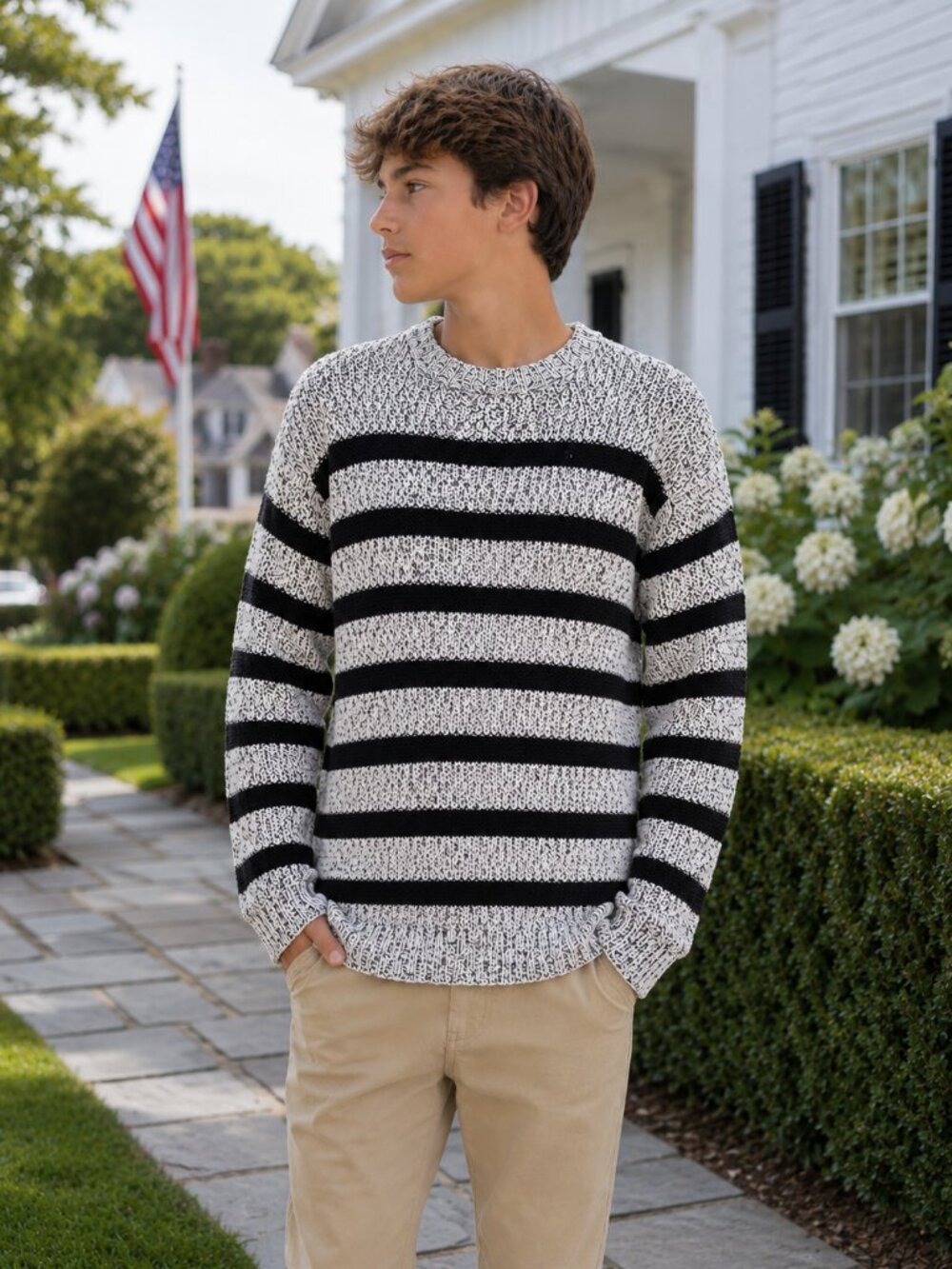 English Laundry Striped Knit Sweater Gray Black Preppy Coastal | Youth XL 14/16